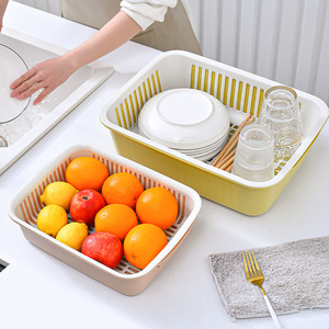 Creative Double Layer Drain Basket Plastic Vegetable Washing Basin Stackable Kitchen Storage Fruit Plate Square L Size - Product Image 3