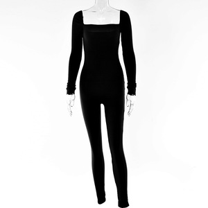 Pantalones de punto de una pieza para mujer, cuello cuadrado, manga larga, alta elasticidad, ropa informal, longitud completa, color blanco - Product Image 5