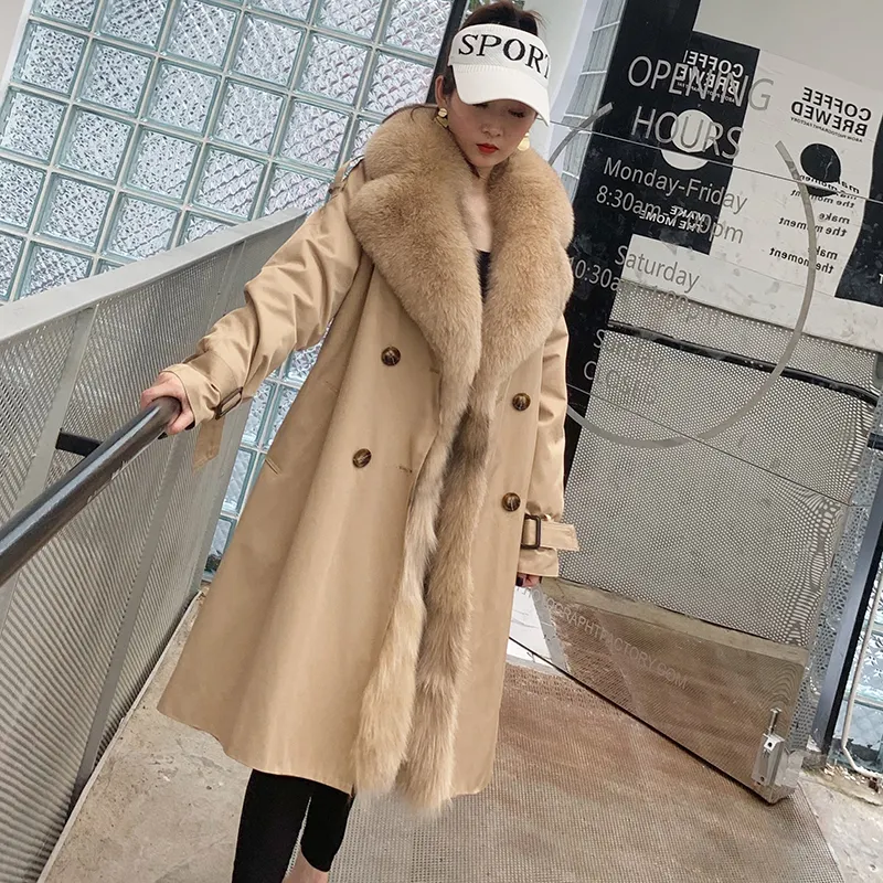 YR1182 Fashion Winter Parka Woman Long Jacket New Real Rabbit Fur Liner Coat Thick Big Fox Fur Collar Parka