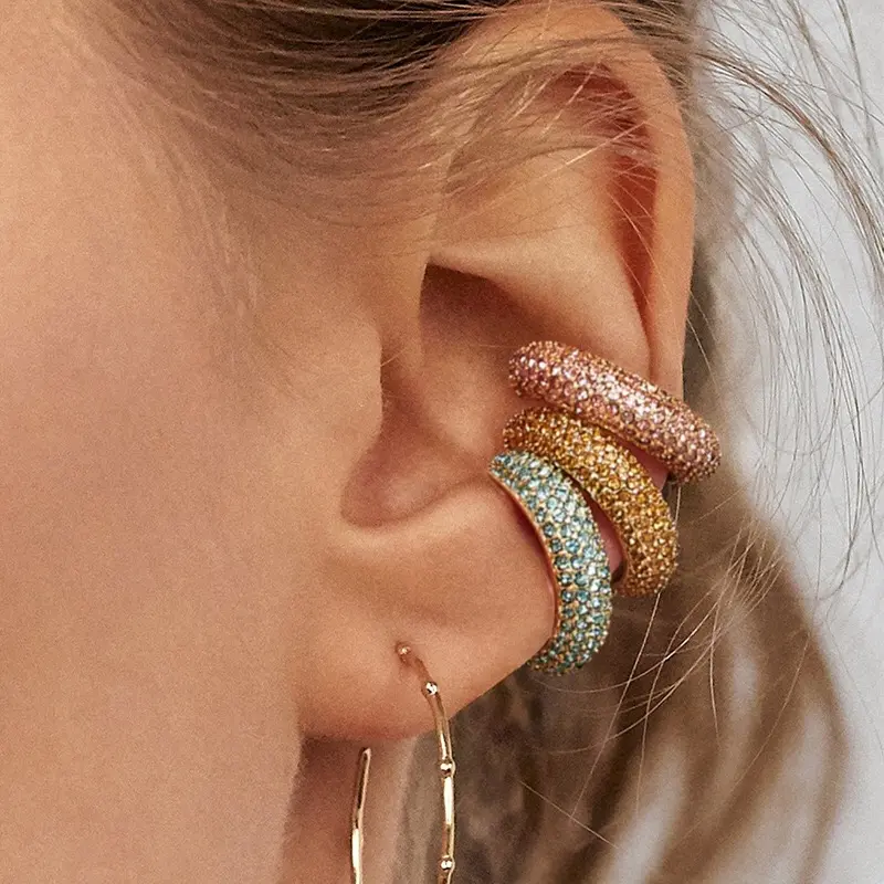 Hot Sale Tai Cuffs Cho Không Xỏ Lỗ Tai Pave Pha Lê Vàng Clip Trên Ốc Xà Cừ Mùa Hè Cuff Hoop Huggie Earrings Đối Với Phụ Nữ Cô Gái