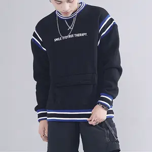 Custom Color Block Knit Tape Crew Neck Printing Cotton French Terry Sweatshirts With Front Pocket