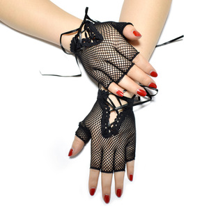 Gants courts pour femmes, style années 1920, sexy, en résille noire, élastiques, sans doigts, avec manchette au poignet, en nylon, pour soirée, cosplay, mitaines - Product Image 2