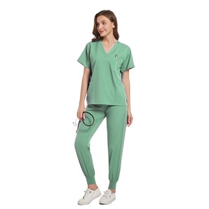 Women's Scrub Set Short Sleeve V-Neck Elastic Bottoms Moisture Wicking Hospital Uniform Green Split Set - Product Image 3