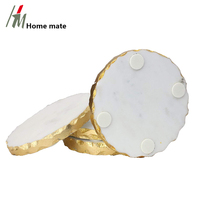 Ensemble de 1 dessous-de-verre rond en marbre blanc de 10 cm de diamètre avec bords dorés