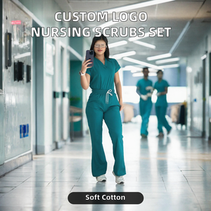 <b>Women</b> <b>Teal</b> Scrub Set Cotton Polyester Woven Hospital Uniform Pants V-Neck Top With Drawstring Waist - Product Image 2