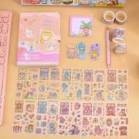 Boîte cadeau de papeterie Kawaii personnalisée en gros, kit de scrapbooking de dessins animés avec ruban washi, autocollants PET, carnet, stylo gel, bloc-notes