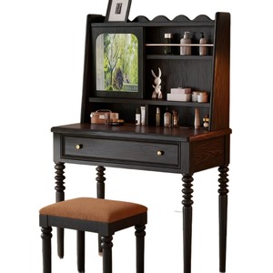 French Retro Dressing Table Black Solid Wood Flip Top Mirror Makeup Vanity Bedroom Furniture With <b>Stool</b> - Product Image 5