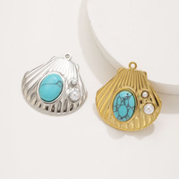 Breloques Coquillages Style Océan, Pendentifs en Acier Inoxydable Incrustés de Turquoise et d'Imitation de Perle, Accessoires de Bijoux DIY
