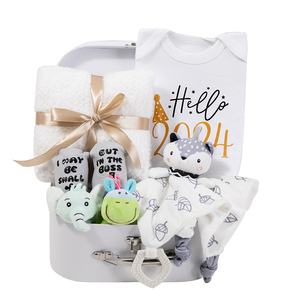 Regalos para Baby Shower, cesta de regalos para bebés, incluye manta para recién nacidos, manta de seguridad Lovey, juguete sonajero de madera, Baberos divertidos para bebés - Product Image 1