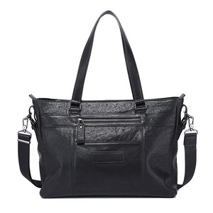 Bolso de mano de cuero genuino para hombre, bandolera de gran capacidad para viajes de negocios, Color sólido negro - Product Image 5