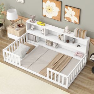 Lit de rangement pour enfants en bois massif blanc avec étagère et barrières de sécurité pour chambre à coucher - Product Image 1