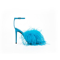 Sandales à talons fins personnalisées pour femmes à la mode, chaussures d'été avec lanières, bout pointu, plume d'autruche, bleu royal, talons hauts pour femmes