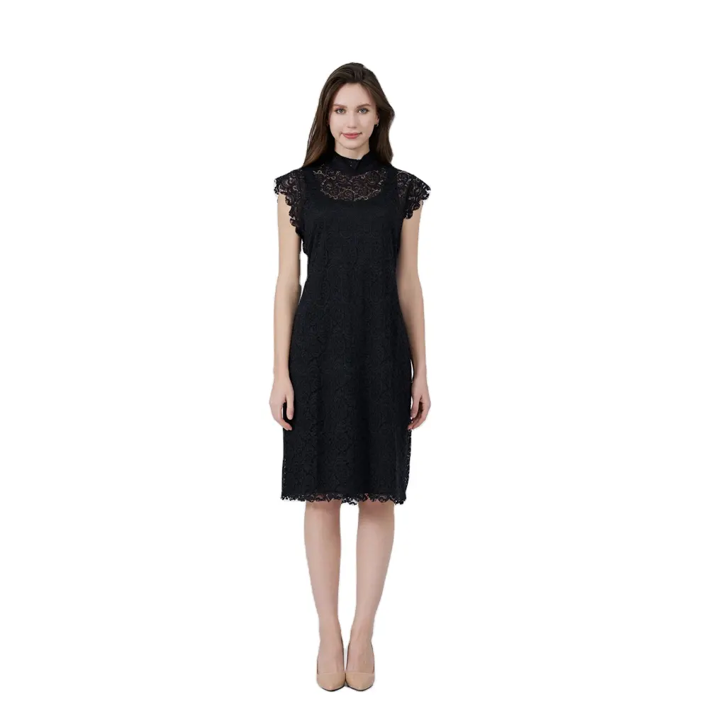 Summer Casual Black Lace Dress Mock Neck Midi Elegant Womens Dresses