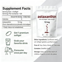 Gélules d'astaxanthine 12 mg, triple concentration, extrait naturel de microalgues, antioxydant, complément alimentaire pour la santé de la peau, des yeux et du système immunitaire