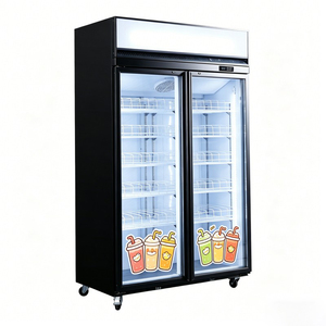 Vitrine réfrigérée à deux portes vitrées, corps noir mat, avec boîte lumineuse publicitaire vierge au dessus, pour café, bar, aménagement de magasin moderne - Product Image 2