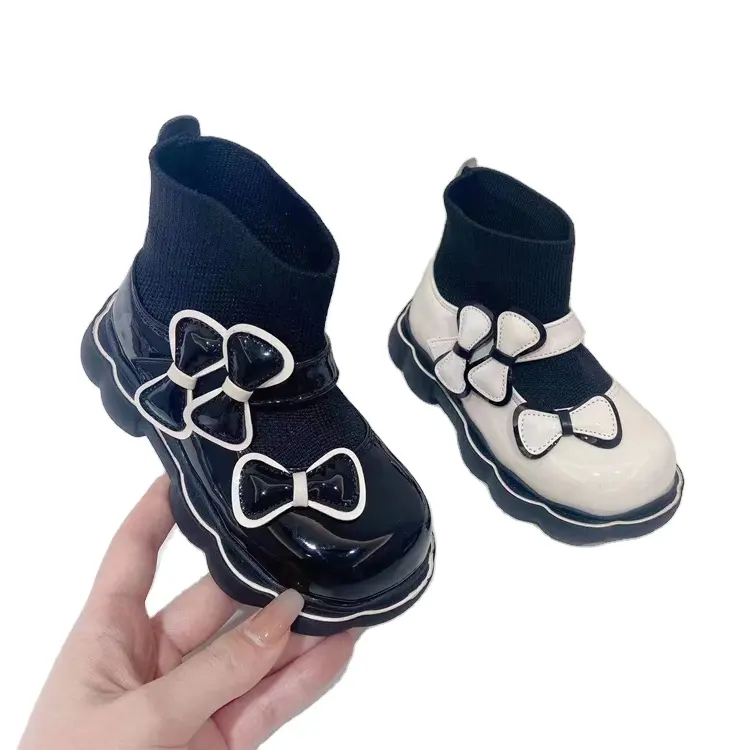 OEM/ODM Party Bowtie Child Sock Boots Soft Cheap Fashionable High Heeled Glitter Leather Boots Kids Children Boots Shoes Girls