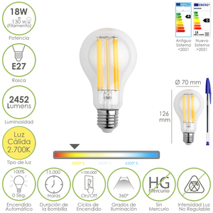 Lampadina LED a filamento con attacco E27 standard. 18 Watt. Equivalente a 130 Watt. 2462 Lumen. Bianco caldo 2700K. - Product Image 1