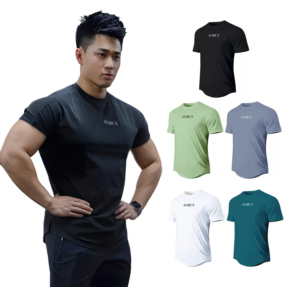Camiseta esportiva para homens personalizada, camiseta seca em tecido respirável com suor de poliéster AI-MICH, tecido seco e drenante, para corrida, 100%