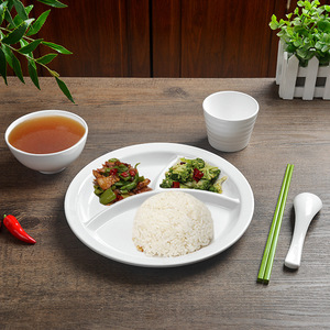 A5 <b>melamine</b> white six-compartment dinner <b>plate</b>, factory school canteen tableware, imitation porcelain round multi-compartment - Product Image 5