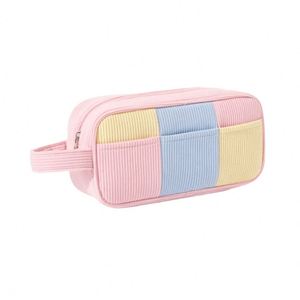 Pochette de maquillage en velours côtelé personnalisée avec logo, motif géométrique, grande capacité, portable, pour voyage, fermeture éclair, couleur - Product Image 1