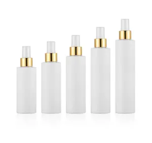 stock 120ml150ml180ml200ml250ml PET plastic white color cosmetic hair and skin bottle with gold mist spray head