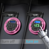 Prise double 78W 12V, chargeur rapide USB-C PD & QC3.0 en métal rouge avec voltmètre et interrupteur