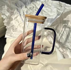 Botella de vidrio cuadrada con asa, de alta calidad para el hogar, con pajita, resistente al calor, de fondo plano, apta para calentar. - Product Image 2