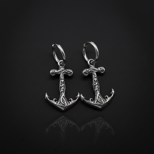 Pendientes de aro para hombre, de acero inoxidable 316L, hipoalergénicos, con dije de ancla de filigrana vintage, estilo náutico, punk, gótico, para hombre. - Product Image 1