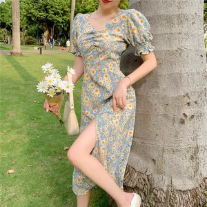 2021 wholesale fashion summer lady split dress new design V-neck lantern sleeve daisy printed sweet floral casual long dress