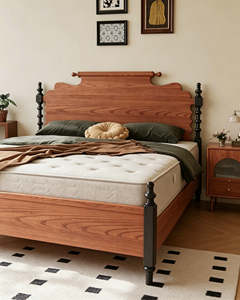 Premium Solid Wood <b>Bed</b> Frame French Vintage Wavy <b>Headboard</b> Black Turned Legs Stable Bedroom Furniture Home Guest Room Wooden Dou - Product Image 3