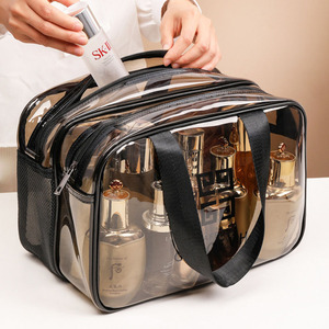 Large Capacity Clear PVC Cosmetic Bag Waterproof Double Layer <b>Makeup</b> Organizer with Handle for Travel OEM Supported - Product Image 3