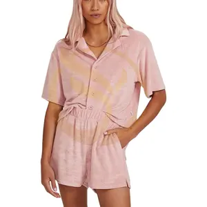 새로운 도착 사용자 정의 여성 테리 코튼 타월 플란넬 Boxy 스타일 셔츠와 반바지 라운지 착용 여름 솔리드 조각 짧은 세트 잠옷