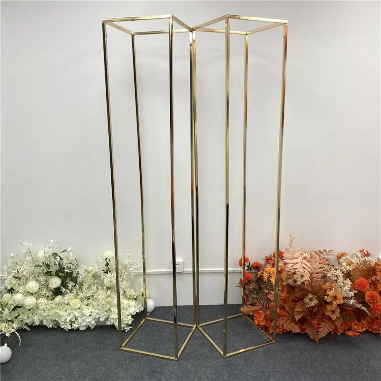 Soporte rectangular dorado al por mayor soporte de flores de metal alto plomo de carretera geométrico para accesorios de boda adornos de pantalla