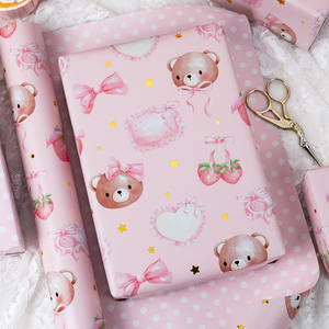 Cute <b>Bear</b> Strawberry Pattern Gift Wrap Paper Roll <b>Pink</b> Double Side Coated Art Paper for Crafting and Packaging - Product Image 1