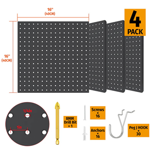 16" X 16" <b>Pegboard</b> Panel 4PC Black Vietnam Origin <b>Hooks</b> & Rails <b>Pegboard</b> Mounted Iron Industrial Style Black Color OEM ODM - Product Image 3