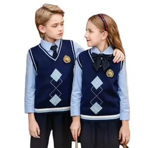 Uniforme escolar personalizado de fábrica para jardim de infância, uniforme personalizado para crianças, camisola escolar, colete, uniforme