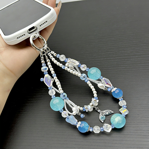 Chaîne de téléphone avec <span class=keywords><strong>pendentif</strong></span> queue de poisson serti de diamants, nœud tissé en perles bleues, porte-clés, cordon pour téléphone portable - Product Image 3