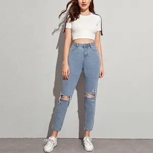 Femmes nouveau style Offre Spéciale personnalisé décontracté <span class=keywords><strong>taille</strong></span> <span class=keywords><strong>haute</strong></span> déchiré maman Jeans - Product Image 1