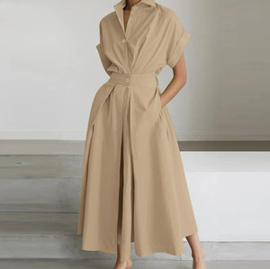Women's Elegant Lapel Collar Shirt <strong>Dress</strong> Short Sleeve Elastic High Waist Pocketed Flared Midi <strong>Dress</strong> Solid Summer Casual <strong>Dress</strong> - Product Image 1