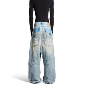 บริการ OEM กางเกงยีนส์ดิบขอบดิบ ตัดเย็บทรงขากว้าง ล้างสี แต่งรอยขาด กางเกงยีนส์ดีไซน์ใหม่ เอวสองชั้นทรงหลวมสำหรับผู้ชาย - Product Image 3