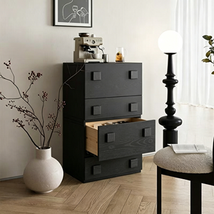 Minimalist Black Oak Wood <b>Drawer</b> Chest, Stackable <b>Storage</b> Cabinet with Square Handles for Bedroom Living Room - Product Image 2