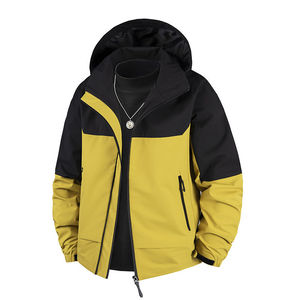 เสื้อแจ็คเก็ตกันลม สีเหลืองอ่อน ดำ ตัดสี มีฮู้ด ชุดทำงานฤดูหนาว - Product Image 1