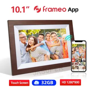 Cadres photo numériques 32 Go 10.1 pouces version WiFi avec rotation automatique configuration facile partage gratuit de photos et vidéos via Frameo (bois brun)