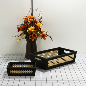 Panier en rotin noir de grande capacité Paniers de rangement de bureau Caisses en bois Plateau de service en rotin - Product Image 3