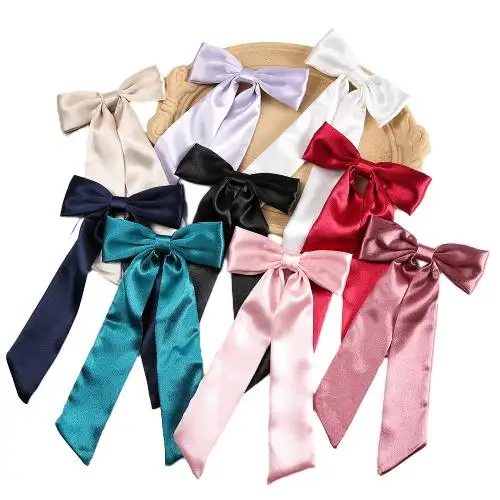 Langes Schwanz Haar Band Stoff Bogen Haarklips für Damen Mädchen Accessoires Party Hochzeit Satin Bowknot Haarbänder große Bogen