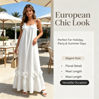 Robe longue maxi pour femme à bretelles spaghetti, motif floral 3D, sans manches, couleur unie, idéale pour les vacances, la plage ou les soirées