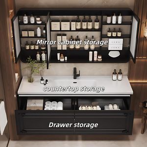 Mobile Bagno di Lusso Intagliato Bianco a Parete con Doppio Cassetto, Lavabo Integrato e Armadietto a Specchio LED Intelligente Anti-Appannamento - Product Image 3