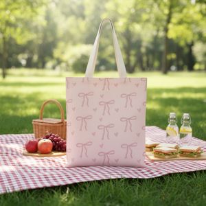 Sac fourre-tout en toile rose 2026 avec nœuds, style preppy, impression de logo personnalisée, sac à bandoulière pour femmes et filles, sac de shopping - Product Image 3