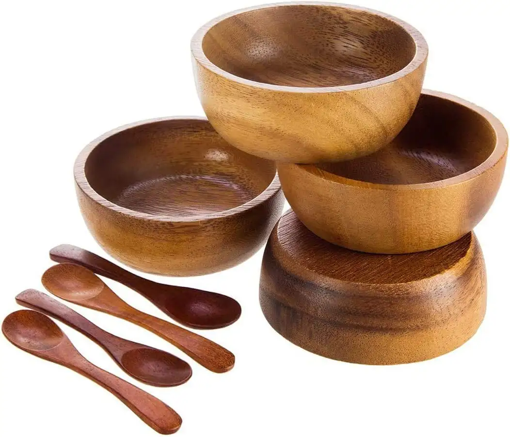Set di 4 ciotole in legno di Acacia marrone Karabash con cucchiaio per insalatiere ciotola rotonda in legno