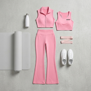2026 Trendy Women's Pink 3 Piece Sports Set Sleeveless Zip-Up Crop <b>Jacket</b> and Yoga Set With Embroidery High Waist Athleisure - Product Image 3